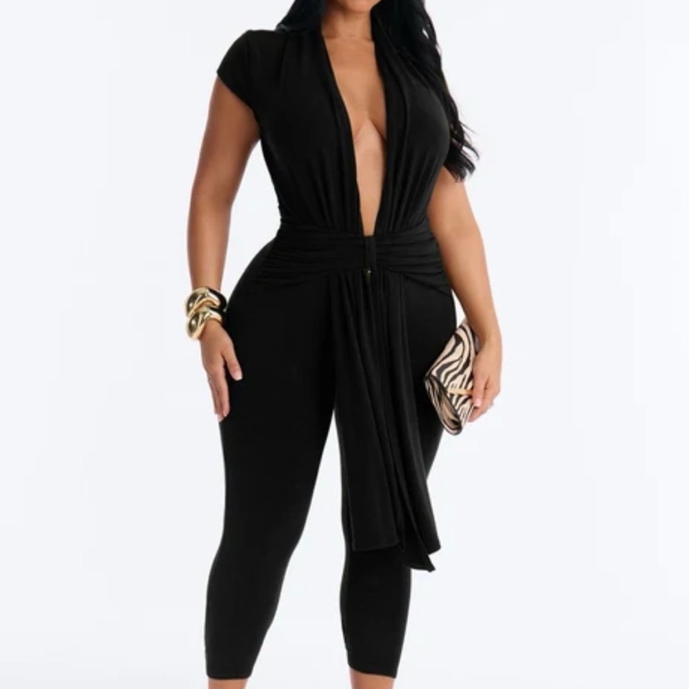 Fashion Nova Black Deep V Tie-Waist Jumpsuit